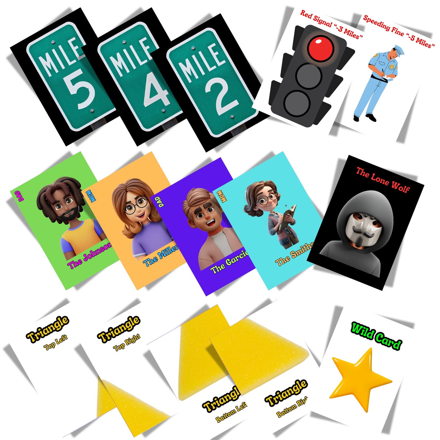 3-in-1 Family Games V2: 1. Reunite families while avoiding the lone wolf! 2. Race to 25 miles to win, but avoid fines for violations! 3. Collect cards to complete shapes and trade pieces!