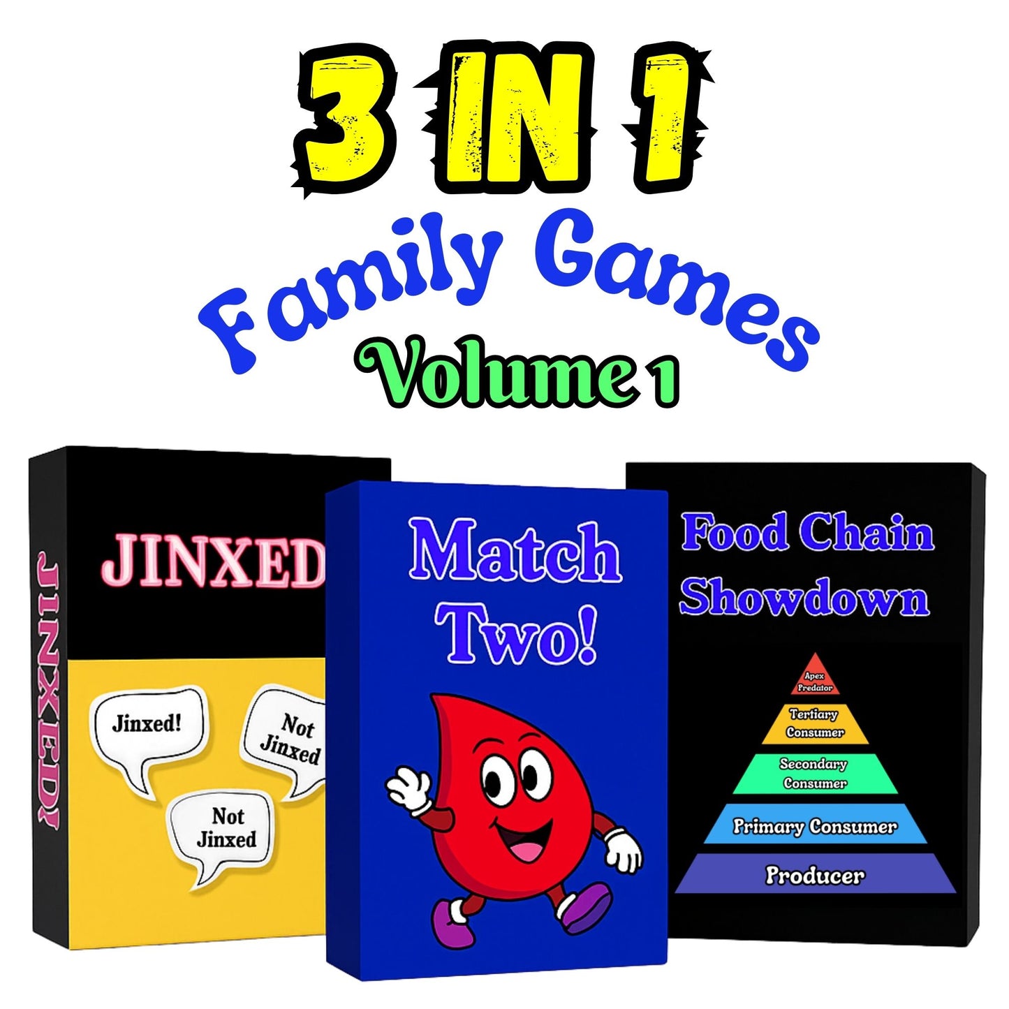 3-in-1 Family Games V1: 1. Get Jinxed with other players to win! 2. Trust your instincts in Food Chain Showdown. 3. Sharpen your memory and win in Match Two’s Battle of Wits!