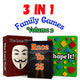 3-in-1 Family Games V2: 1. Reunite families while avoiding the lone wolf! 2. Race to 25 miles to win, but avoid fines for violations! 3. Collect cards to complete shapes and trade pieces!