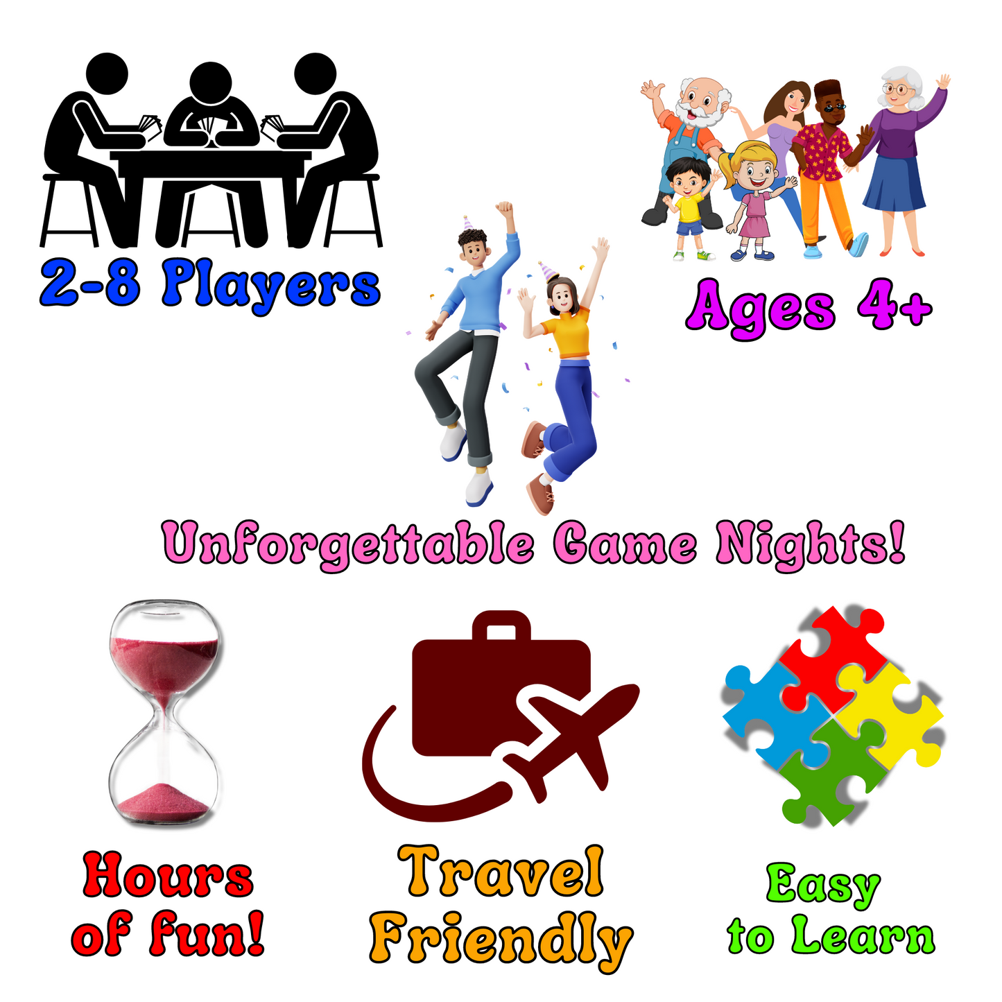 3-in-1 Family Games V2: 1. Reunite families while avoiding the lone wolf! 2. Race to 25 miles to win, but avoid fines for violations! 3. Collect cards to complete shapes and trade pieces!