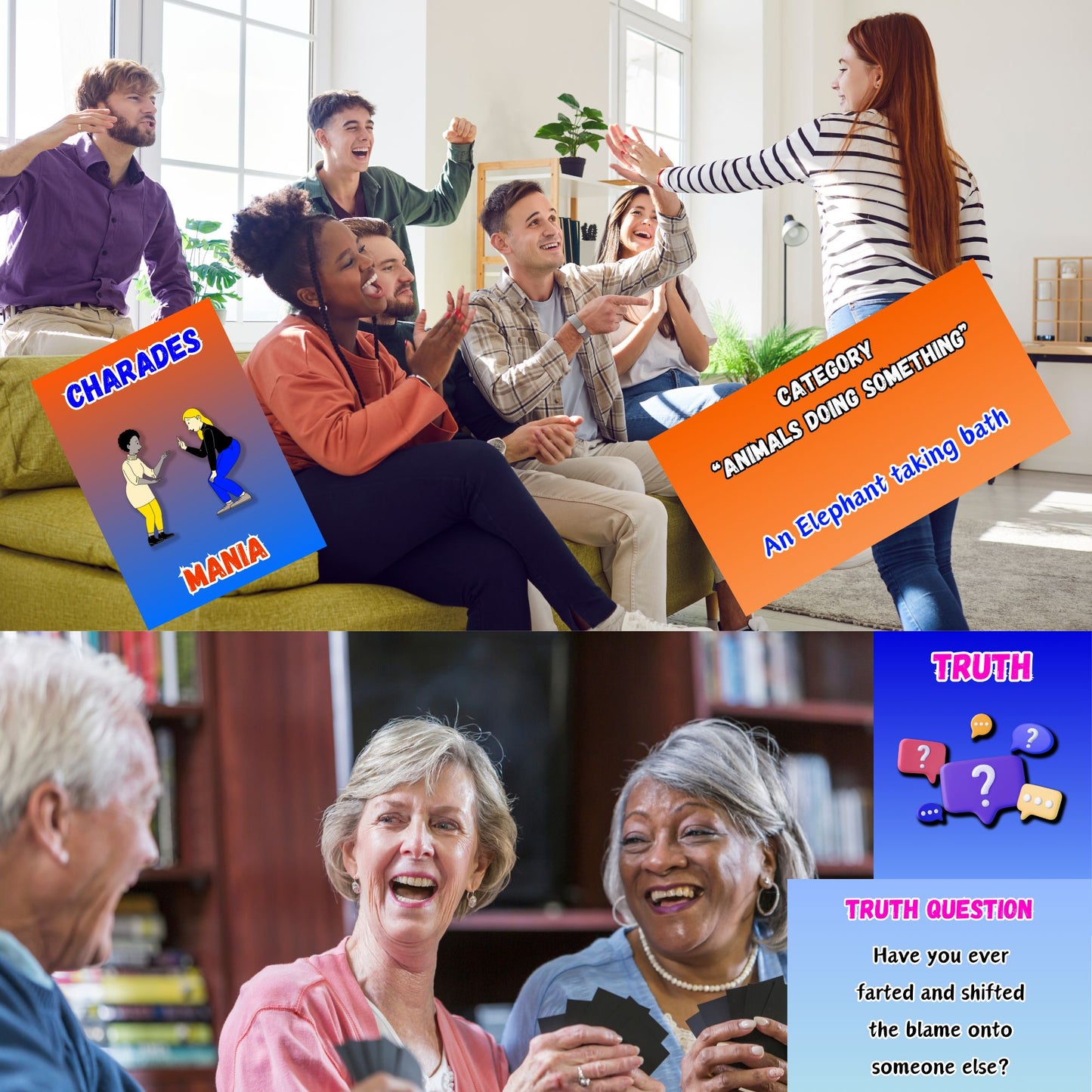 5-in-1 Party Games: Mafia War, 180 Crazy Charades, 150 Trivia Questions, Hilarious Story-Building, and Unheard Truth or Dare Challenges, up to 30 players