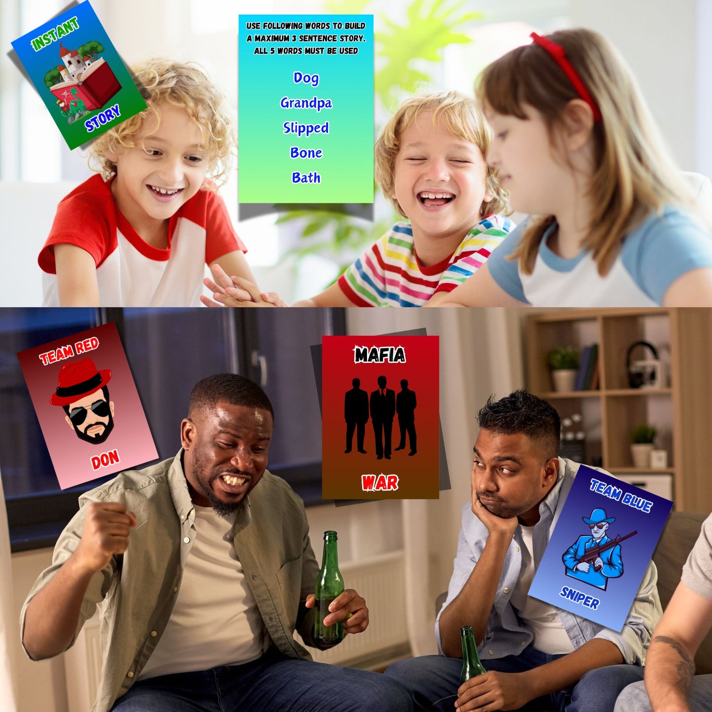 5-in-1 Party Games: Mafia War, 180 Crazy Charades, 150 Trivia Questions, Hilarious Story-Building, and Unheard Truth or Dare Challenges, up to 30 players
