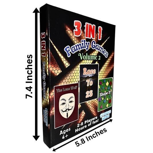 3-in-1 Family Games V2: 1. Reunite families while avoiding the lone wolf! 2. Race to 25 miles to win, but avoid fines for violations! 3. Collect cards to complete shapes and trade pieces!