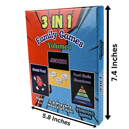 3-in-1 Family Games V1: 1. Get Jinxed with other players to win! 2. Trust your instincts in Food Chain Showdown. 3. Sharpen your memory and win in Match Two’s Battle of Wits!