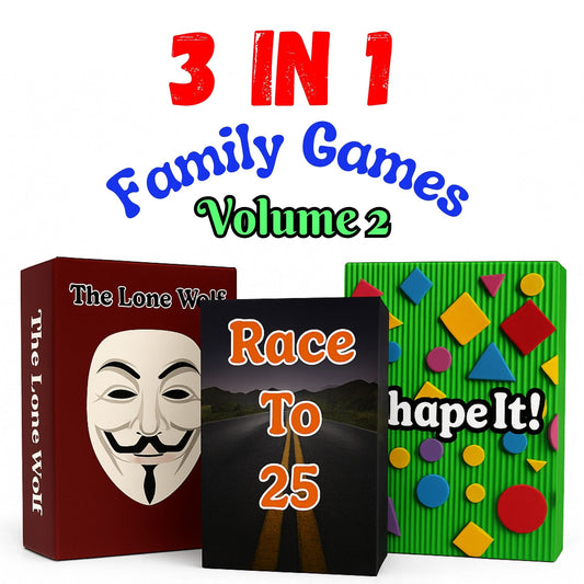 3-in-1 Family Games V2: 1. Reunite families while avoiding the lone wolf! 2. Race to 25 miles to win, but avoid fines for violations! 3. Collect cards to complete shapes and trade pieces!