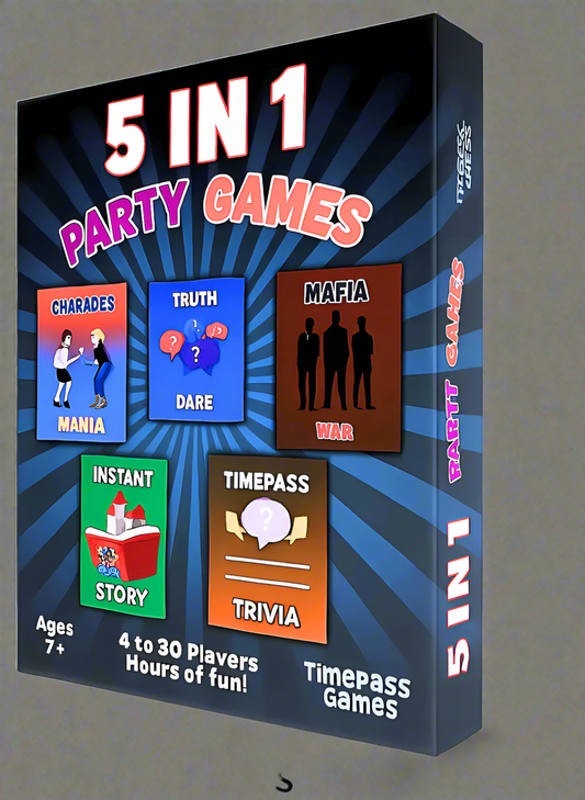 5-in-1 Party Games: Mafia War, 180 Crazy Charades, 150 Trivia Questions, Hilarious Story-Building, and Unheard Truth or Dare Challenges, up to 30 players