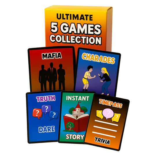 5-in-1 Party Games: Mafia War, 180 Crazy Charades, 150 Trivia Questions, Hilarious Story-Building, and Unheard Truth or Dare Challenges, up to 30 players