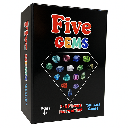 Five Gems is a thrilling card game where players race to collect sets of 5 gems. Watch out for coal that can ruin your plans, and use special powers to outsmart your opponents!