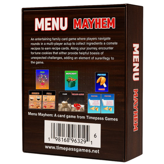 Menu Mayhem is a fun and fast-paced card game where players collect Ingredient cards, complete recopies to win Recipe cards, and face surprise twists from unpredictable Fortune Cookies!
